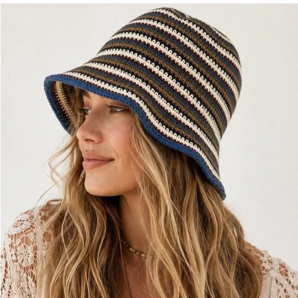 Vintage 90s Bucket Hat Crochet Knit Striped Boho Festival Knit Multicolor Retro